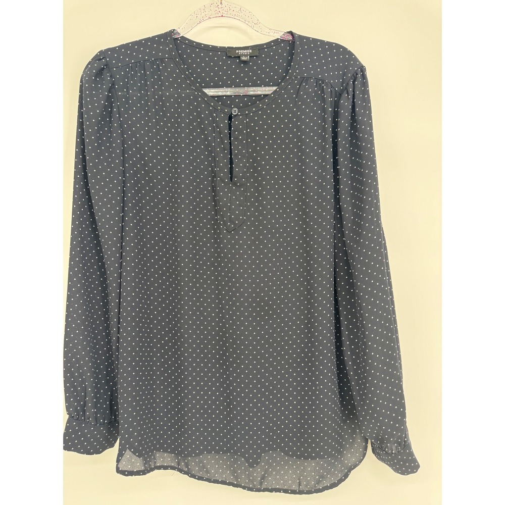 Premise Studio Womens Black White Polka Dot Split Neck Long Sleeve Blouse Large